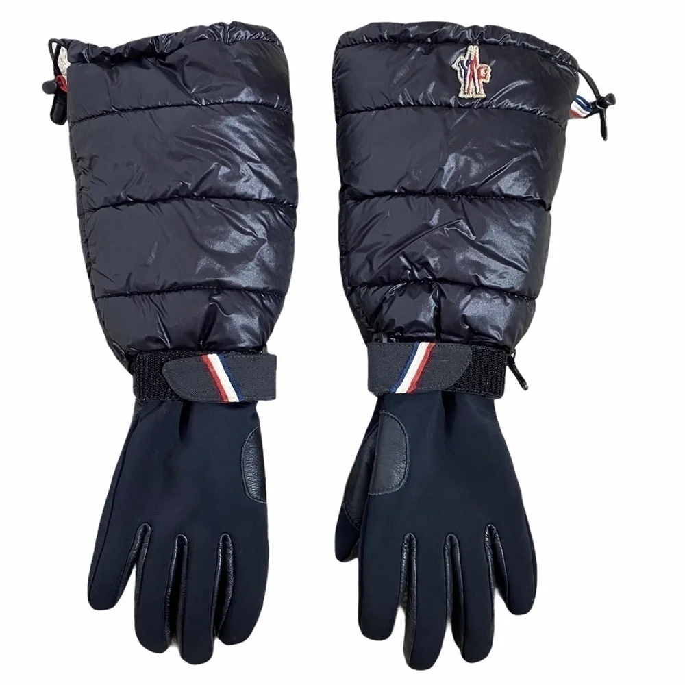 MONCLER Black Long Leather down Puffer Gloves